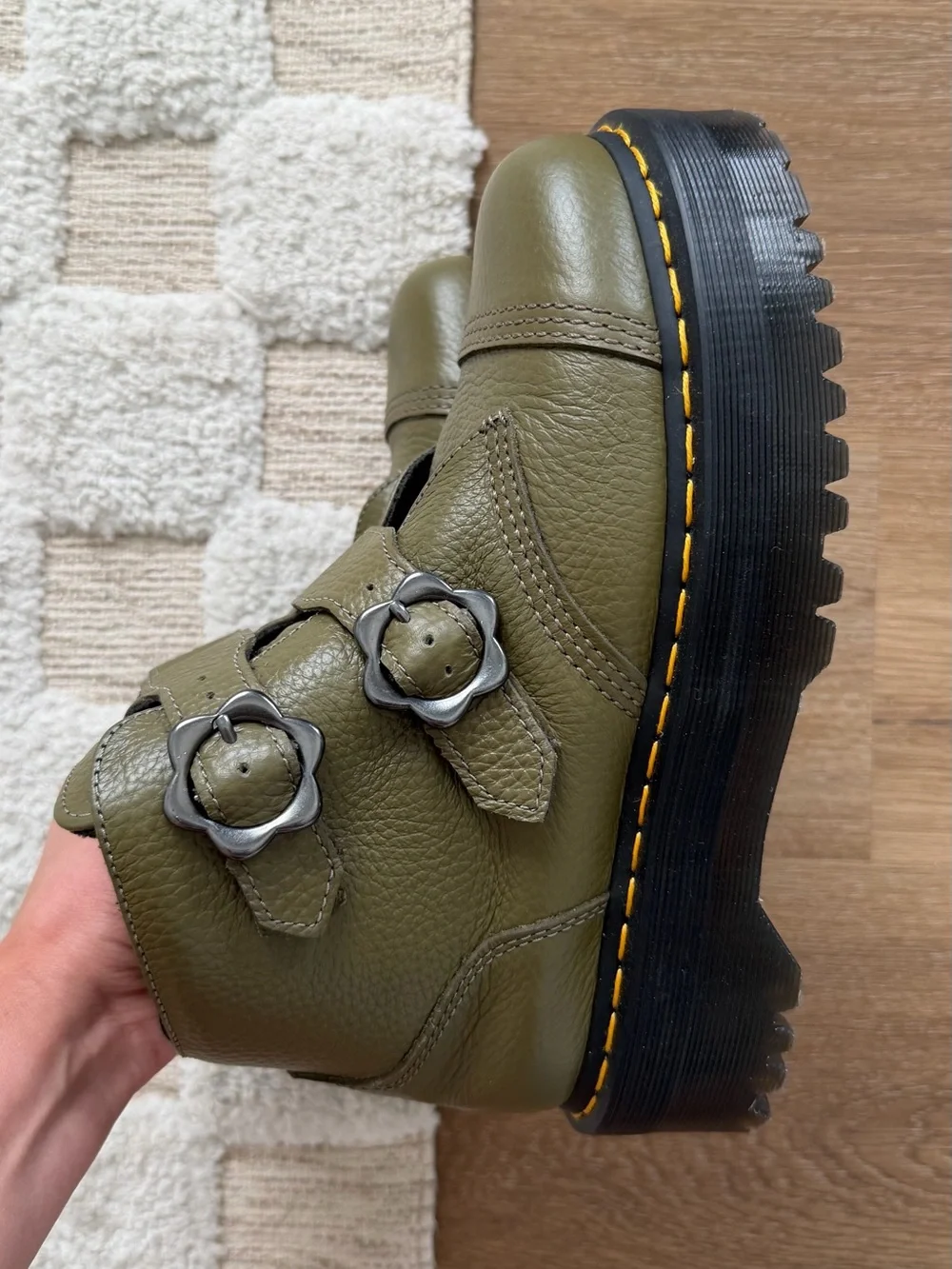 Doc Martens Devon Flower Buckle Leather Platform Boots in Green